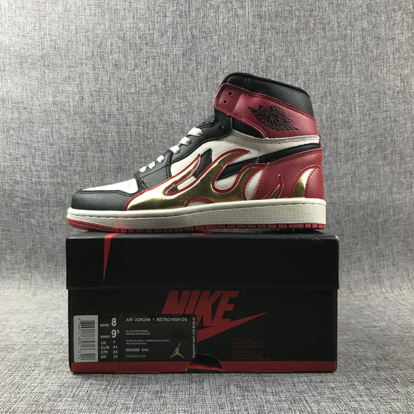 2019 Air Jordan 1 Retro High White Black Red Gold Fire - Click Image to Close